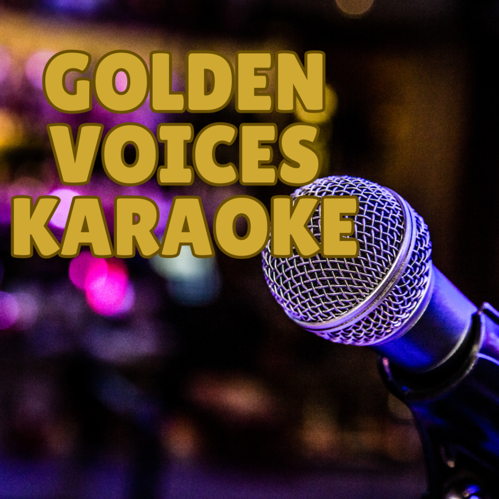 A microphone on a stand with the words “Golden Voices Karaoke” in large gold letters over a colorful, blurred background.