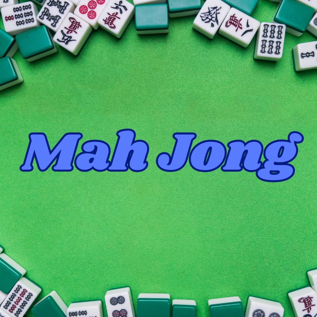Scattered mahjong tiles frame the top and bottom edges of a green playing surface with the words “Mah Jong” in bold blue text centered in the middle.