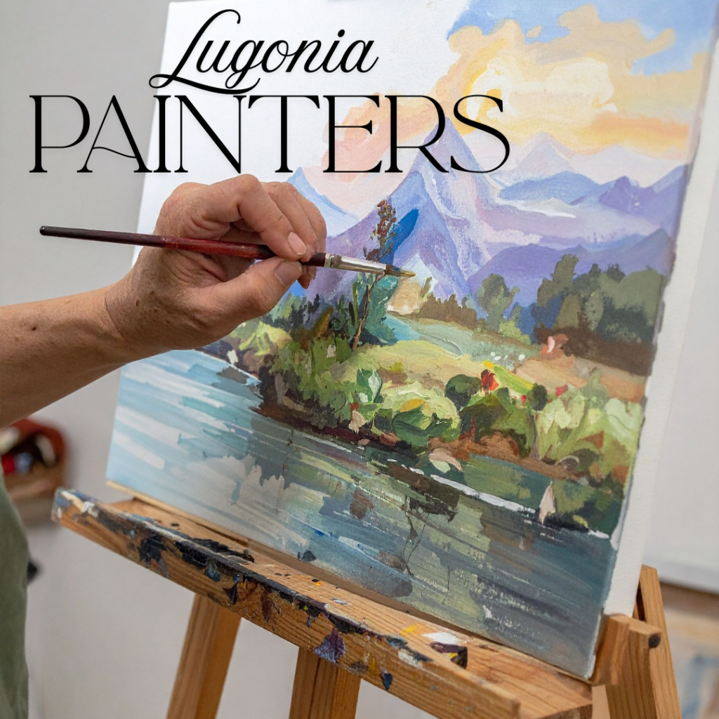 A hand paints a colorful landscape on a canvas set on an easel. The text “Lugonia Painters” appears at the top of the image.