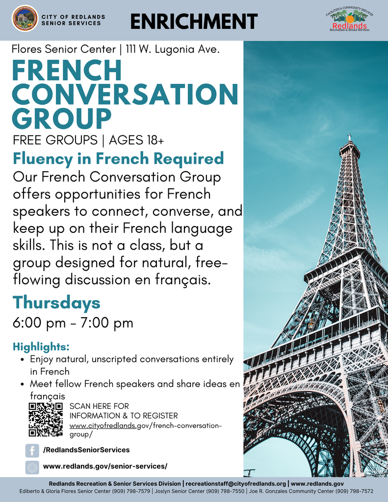 Flyer for a French Conversation Group at Flores Senior Center with meeting details, requirements, highlights, and a photo of the Eiffel Tower on the right.