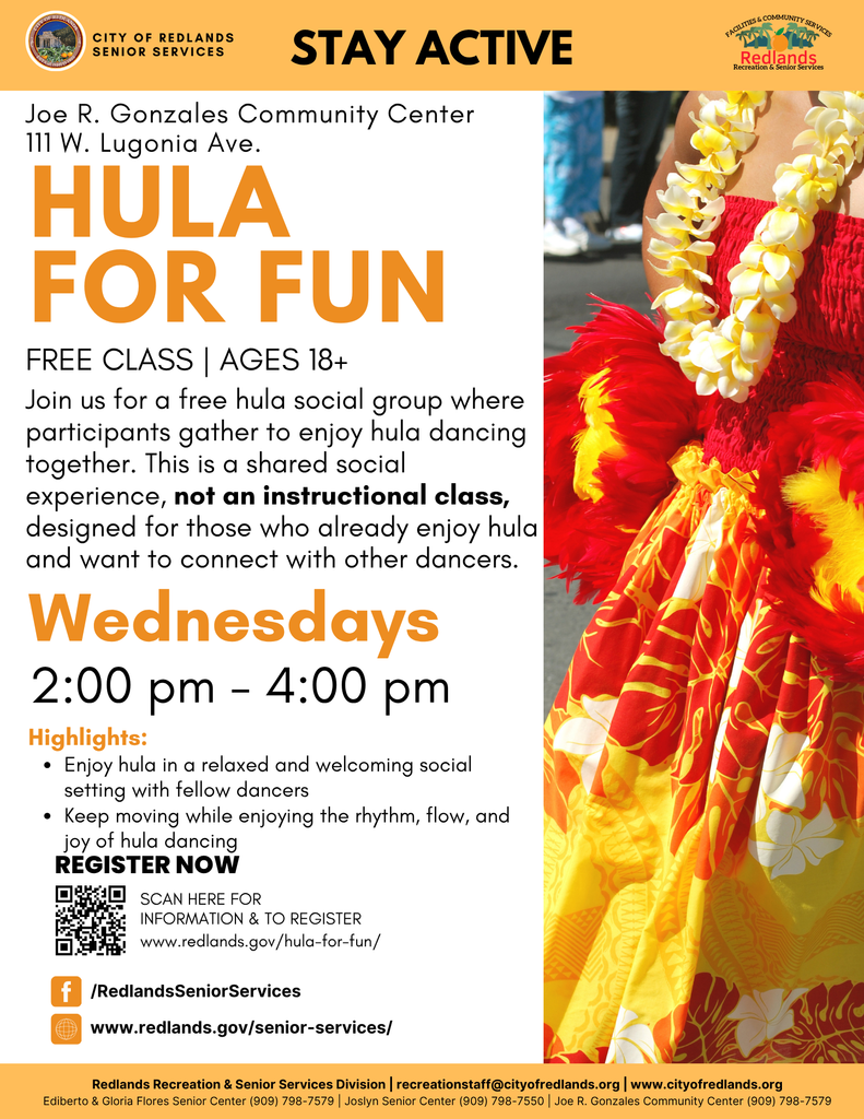 Flyer promoting a free hula social group for adults at Joe R. Gonzales Community Center, meeting Wednesdays 2-4 pm, for those with prior hula experience. Registration and details are included.