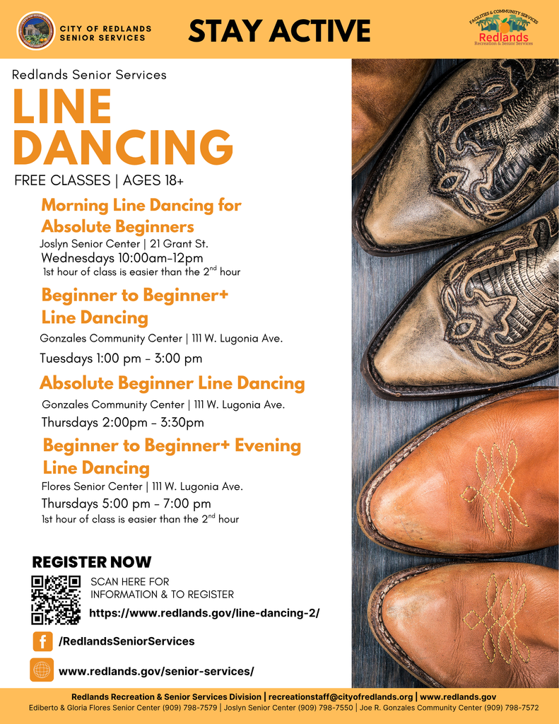 Flyer for Redlands Senior Services advertising free beginner line dancing classes for ages 18+, with dates, times, locations, and a QR code for registration.