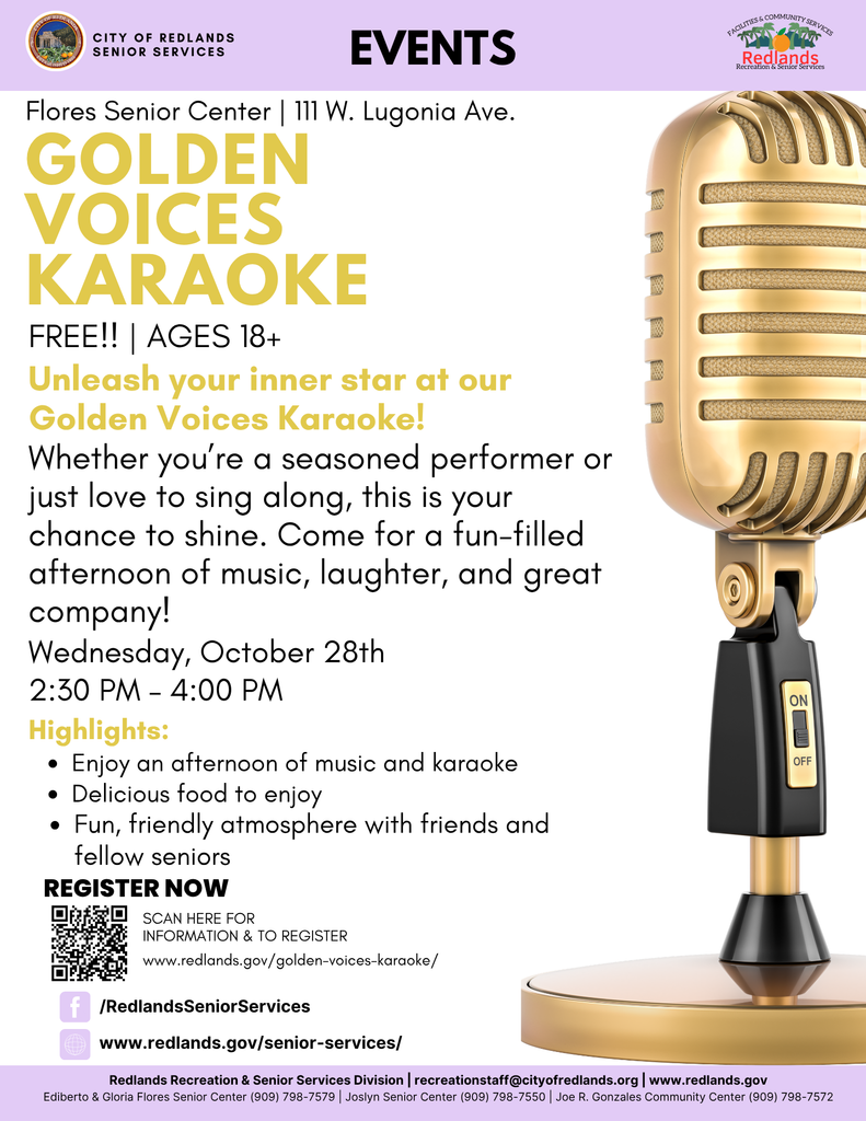 Golden Voices Karaoke event flyer with event details, date, time, highlights, and registration info, decorated with a gold microphone and music notes.