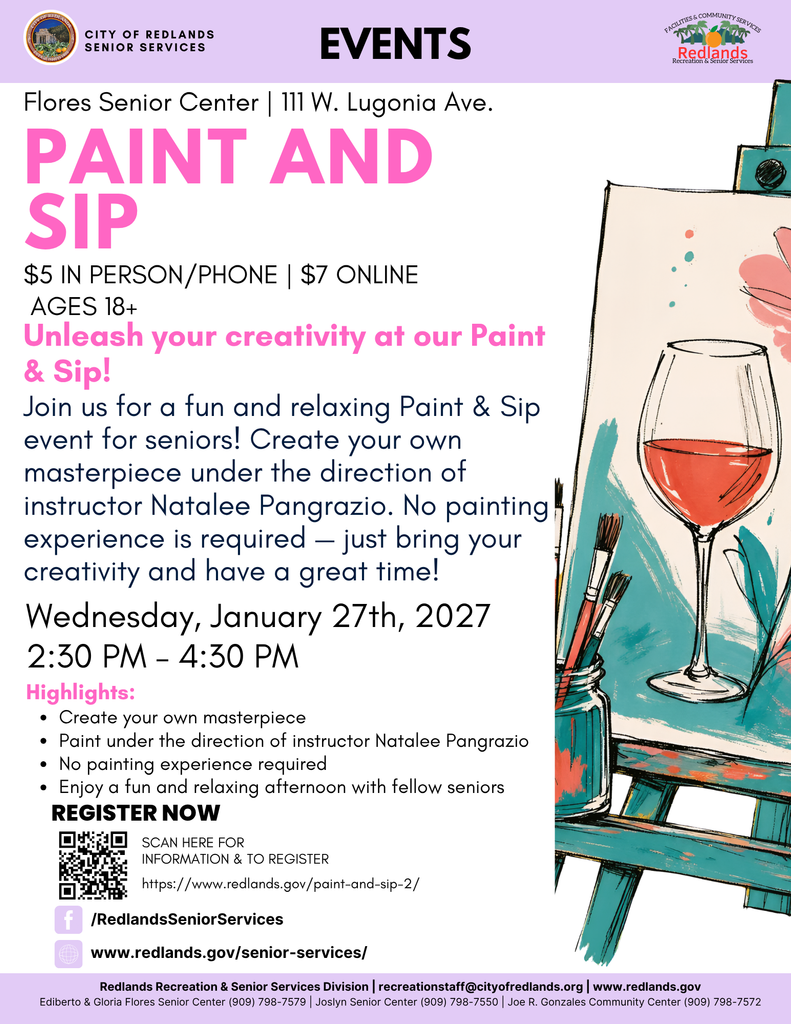 Flyer advertising a Paint and Sip event for adults on January 27, 2022, at the Flores Senior Center, with registration details and contact information.