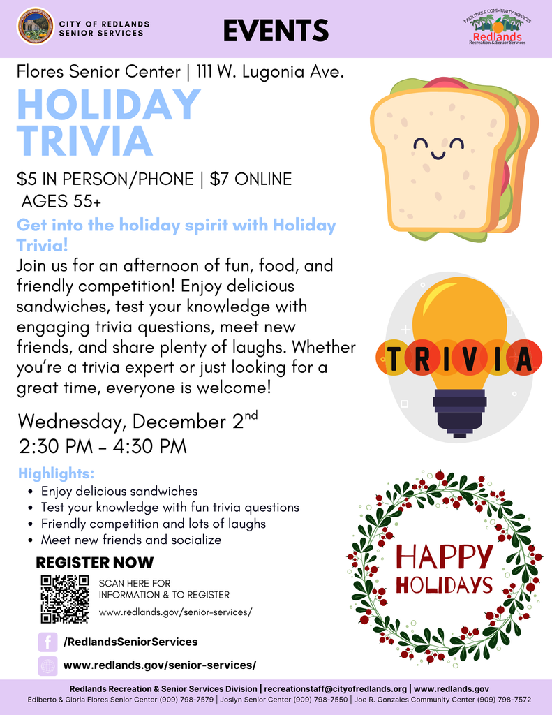 Flyer for a Holiday Trivia event at Flores Senior Center, featuring sandwiches, trivia, and prizes for ages 55+, scheduled for Wednesday, December 2, 2:30–4:30 PM.