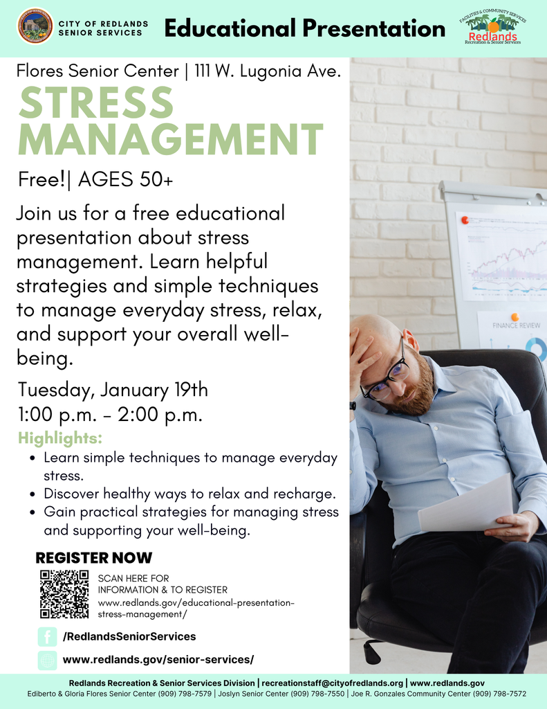 Flyer for a senior center event titled “Stress Management” for ages 50+, scheduled January 19th, 1–2 p.m., offering free tips and strategies for stress relief and overall well-being.