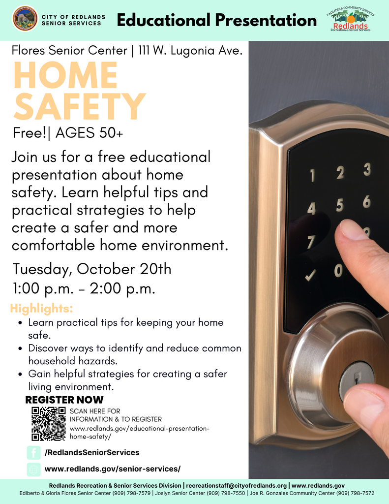 Flyer for a home safety educational event for ages 50+ at Flores Senior Center on October 20, 1-2 p.m., with a hand pressing a keypad lock on a door.