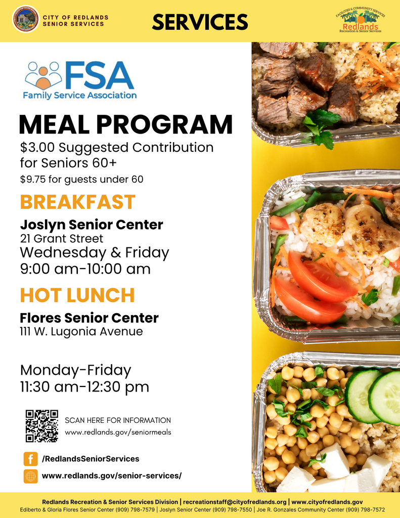 Flyer for a senior meal program with breakfast and hot lunch details, meal costs, schedule, location info, food photos, and contact resources.