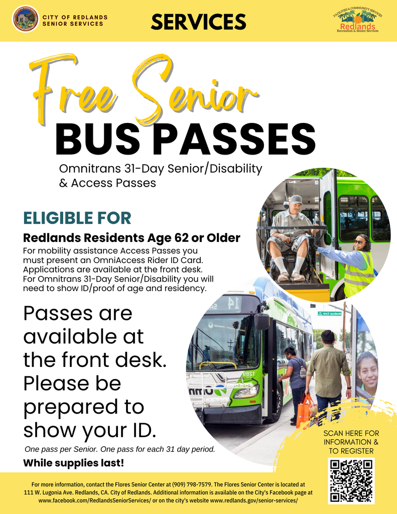Flyer advertising free Omnitrans senior and disability bus passes for Redlands residents age 62 or older, with instructions to show ID at the front desk.