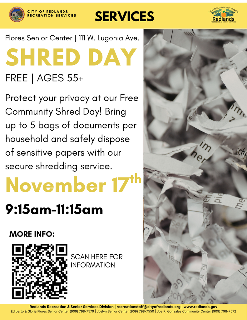 Flyer for a free Shred Day event for ages 55+ on November 17, 9:15–11:15am, at Flores Senior Center, with photo of shredded paper and event details.