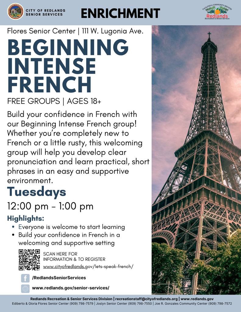Flyer for “Beginning Intense French” weekly class at Flores Senior Center, with Eiffel Tower image, class details, and contact information for registration.